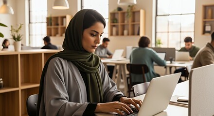 A woman wearing a hijab works diligently on her laptop in a modern, shared workspace, surrounded by other professionals.