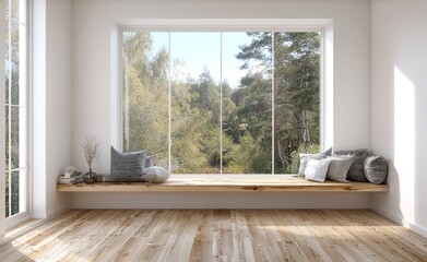 Modern Minimalist Window Seat Design Peaceful Forest View Cozy Home Interior Design room wood calm  