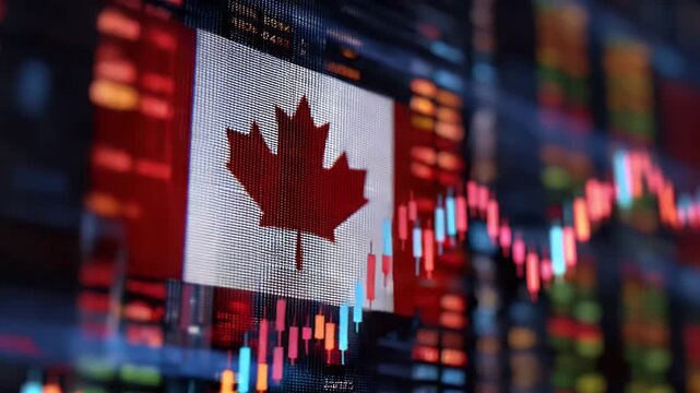 Canadian flag on a digital screen with stock market charts, representing the global environment for Canada's financial landscape.

