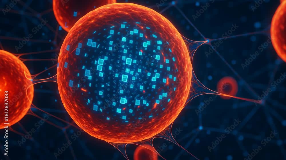 Poster stem cell therapy lab. glowing red digital cell with blue data cubes and network connections, abstra