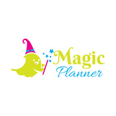 Friendly cartoon ghost logo design; whimsical, magical planner concept; vibrant green, pink, and blue color palette; playful, childlike style; perfect for children's products, education, or organizati