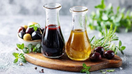 Two bottles of flavorful condiments with fresh herbs and olives.