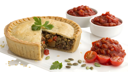Savory meat pie with baked beans and tomatoes