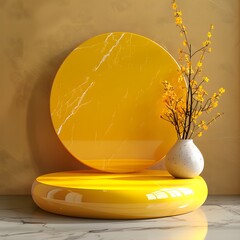 Elegant yellow round podium, Yellow circular podium for luxury product showcase, mockup, product mockup