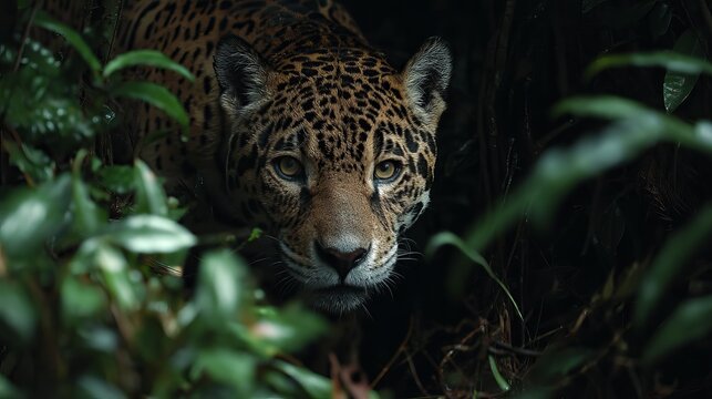 A majestic jaguar peering through dense foliage, showcasing its powerful gaze and unique markings.