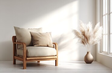 Modern Beige Armchair Wooden Frame Minimalist Room Decor home cozy vase calm sofa space style light 
