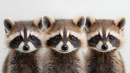 Obraz premium Three curious and mischievous raccoon explorers in the woodland