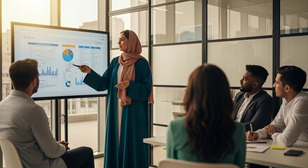 A woman in a hijab confidently presents financial data to a diverse group of colleagues during a modern meeting.