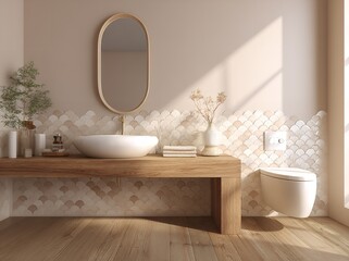 Modern Minimalist Bathroom Design Neutral Tones Elegant Wood Sink Decor spa oval home calm tiles    