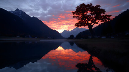 Serene Lake Reflecting Fiery Sunset with Silhouetted Tree and Distant Mountains