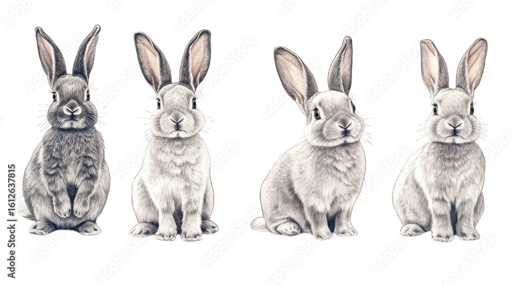 Aufkleber four gray rabbits sitting on a transparent background drawn in a realistic style with subtle shading