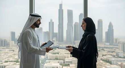 Two business professionals in traditional Middle Eastern attire exchange documents in a modern skyscraper overlooking a city skyline.