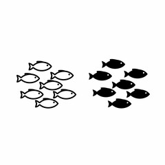 Two schools of fish, one outlined, one solid black, swimming in the same direction.