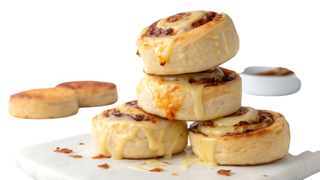 Stack of delicious cinnamon rolls with icing on a white board