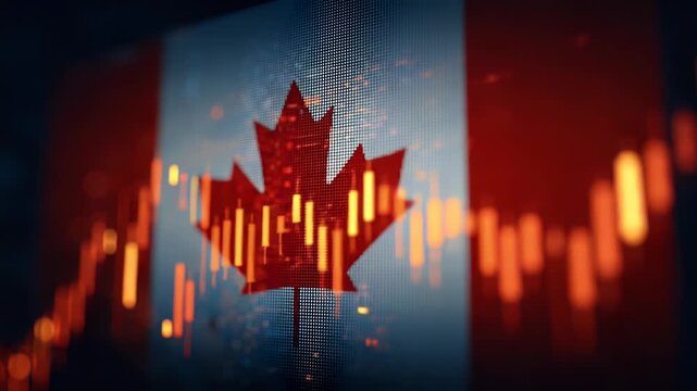 Canadian flag on a digital screen with stock market charts, representing the global environment for Canada's financial landscape.

