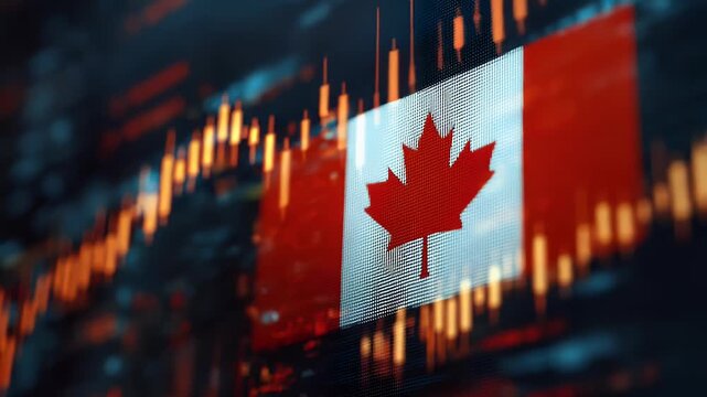Canadian flag on a digital screen with stock market charts, representing the global environment for Canada's financial landscape.

