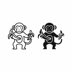 Naklejka premium Two black and white cartoon monkeys holding bunches of bananas, side-by-side, simple line art style.