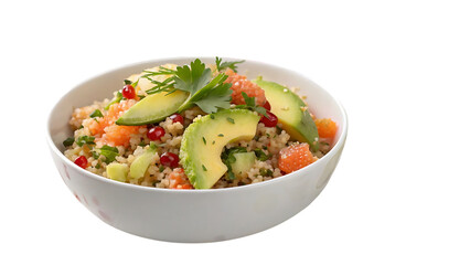 Healthy quinoa salad with avocado salmon and pomegranate seeds