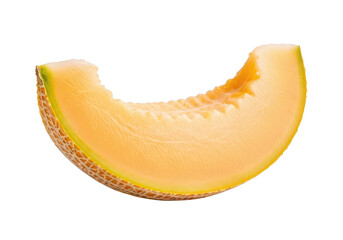 A single slice of ripe cantaloupe melon with a bite mark against a fruit food