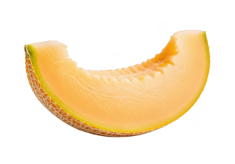 A single slice of ripe cantaloupe melon with a bite mark against a fruit food
