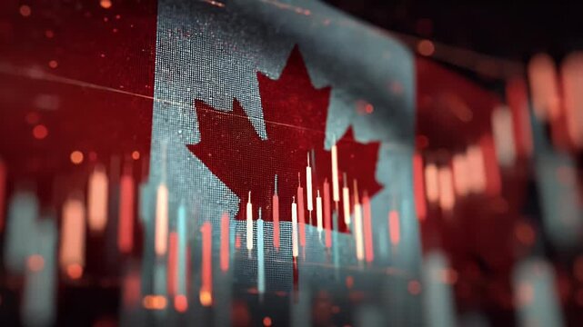 Canadian flag on a digital screen with stock market charts, representing the global environment for Canada's financial landscape.

