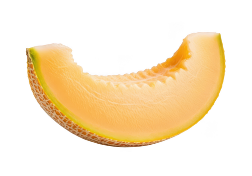 A single slice of ripe cantaloupe melon with a bite mark against a fruit food