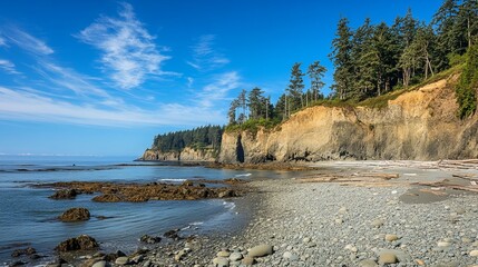 Coastal cliffs meet a pebble beach under a vibrant sky