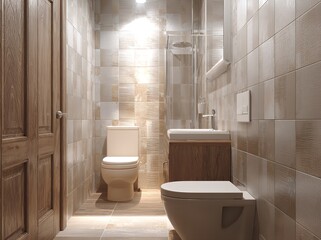 Modern Beige Bathroom Interior Design Luxury Toilet Tiles Spa Sink Wood Home Wall Calm Decor Style  