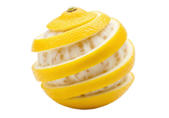 Bright yellow lemon peeled in spiral slices against citrus fruit
