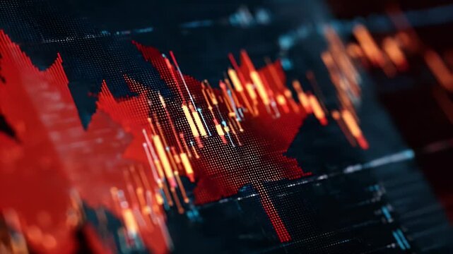 Canadian flag on a digital screen with stock market charts, representing the global environment for Canada's financial landscape.

