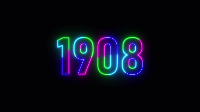 1908 neon line text. Abstract 1908 neon text animation ,For neon color Glowing neon number text background 4k video animation .Digital font against a dark background with neon line looping animation.