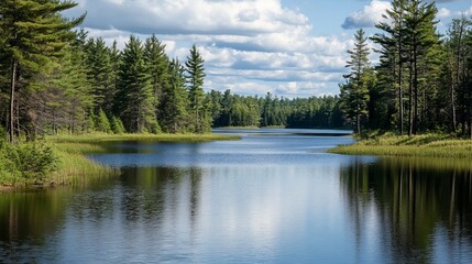 Fototapeta premium Serene lake reflecting a forest sky