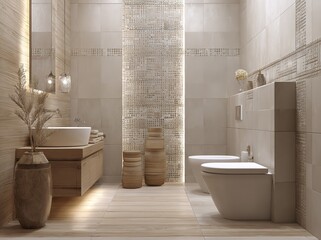 Modern Beige Bathroom Interior Design Wooden Accents Elegant Tiles spa sink home calm wall decor    