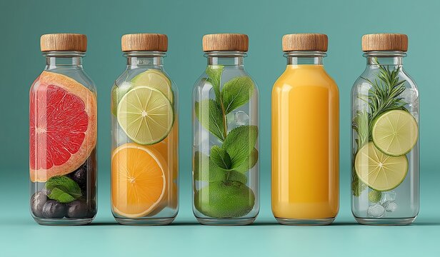 Stylish glass bottles with wooden caps featuring fresh orange juice, grapefruit, lime, mint leaves, and rosemary, arranged on a clean light blue background for a vibrant beverage advertising campaign