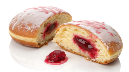 Delicious jelly filled doughnut cut in half with raspberry jam