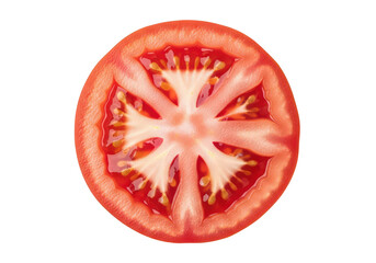 Close up of a bright red tomato slice with seeds and pulp food fresh