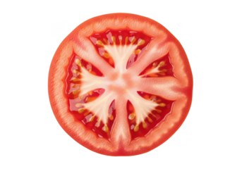 Close up of a bright red tomato slice with seeds and pulp food fresh