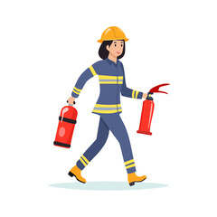Female firefighter in uniform carrying two fire extinguishers.