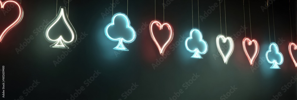 Poster neon playing card hearts and suits floating against a dark moody wall background with vibrant colors