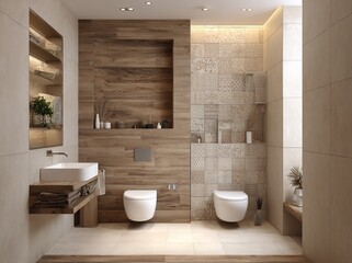 Modern Rustic Bathroom Design Wooden Walls Beige Tiles Stylish Interior spa sink home calm style    