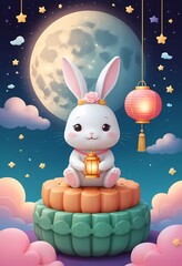 A cute white rabbit holding  small golden lantern, sitting on a stack of two giant mooncakes, under a ful moon and starry night sky, with clouds and hanging lantern, cartoon, Mid Autumn Festival