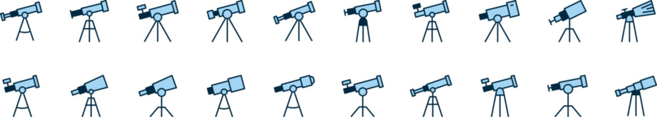 Blue Telescope Filled Color Outline Web Icons Collection. Minimalistic Linear Pictogram for Web and Graphic Design, Apps, Banners, Social Network and Cards