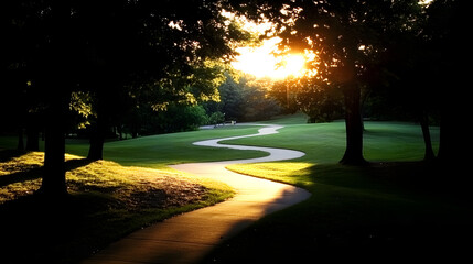 Serene Pathway Illuminated by Golden Sunlight Through Trees at Dusk