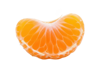 Close up of a single bright orange tangerine segment against citrus fruit