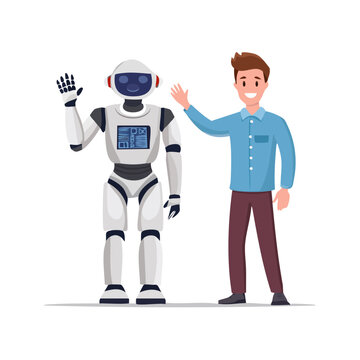 Friendly Robot and Human Waving Hello Together.