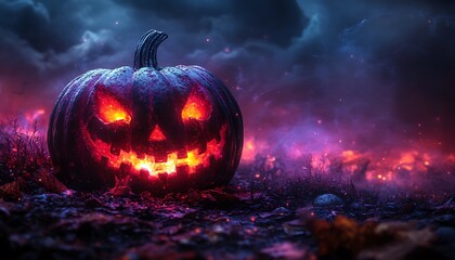 Fototapeta premium Glowing Jack O Lantern with Fiery Background and Dark Sky Halloween pumpkin