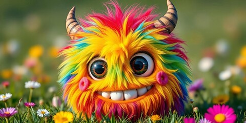 Fluffy rainbow monster, big eyes, wide grin, meadow, horns, soft fur,  joyful,  sitting