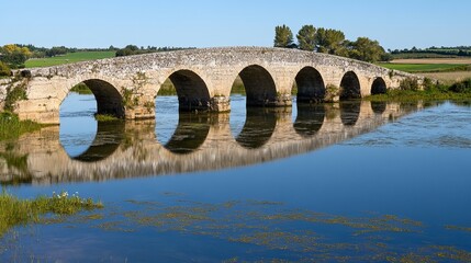 Fototapeta premium Stone arch bridge over tranquil river, reflections