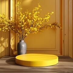 Chic yellow round podium for display design, Yellow glossy platform for product branding, Elegant yellow round podium, Yellow circular podium for luxury product showcase, mockup, product mockup