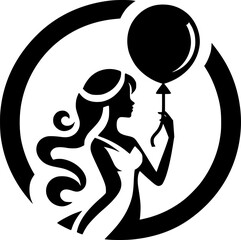 Minimalist black and white icon of a woman holding a balloon, clean lines, no shading, ideal for stickers, logos, or modern digital use.